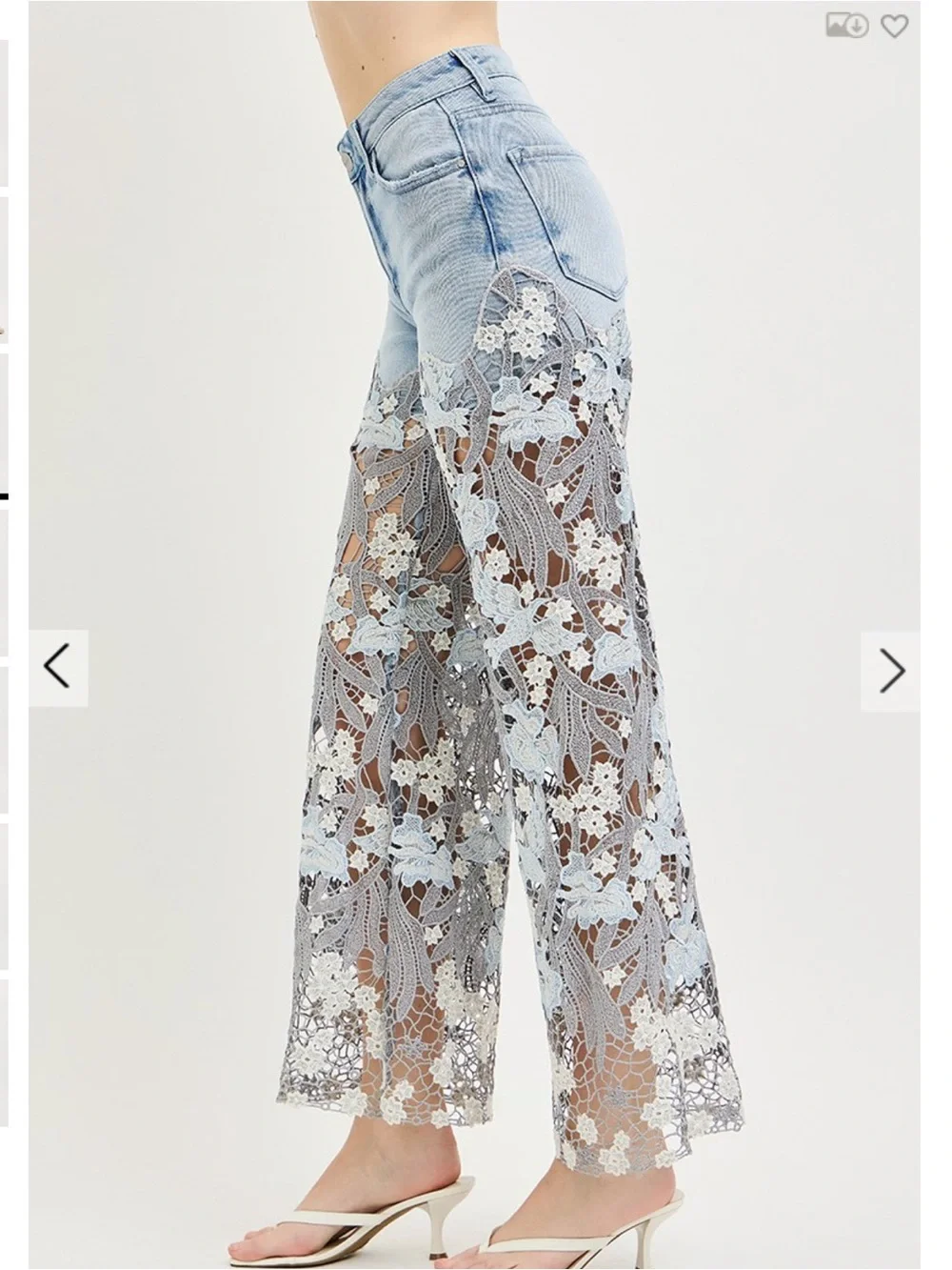 R1--SHIPPED ARRIVES 6/5) GORGEOUS🔥Light Wash Denim Jeans with Blue Floral Lace - Picture 3 of 3